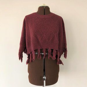 Burgandy Cropped Sweater with Fringe Trim